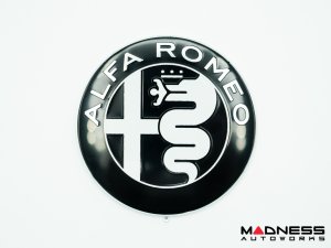 Alfa Romeo Emblems + Badges + Wheel Caps Kit - Black - "Alfa Romeo" + "Sportiva" Emblems + 2 AR Badges + 4 Center Caps